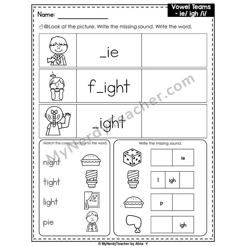 Vowel Teams IE and IGH Writing Worksheet — Write the Missing Sound