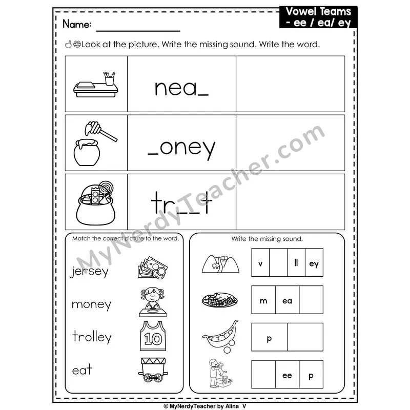 Vowel Teams EE, EA, EY Writing Worksheet — Write the Missing Sound