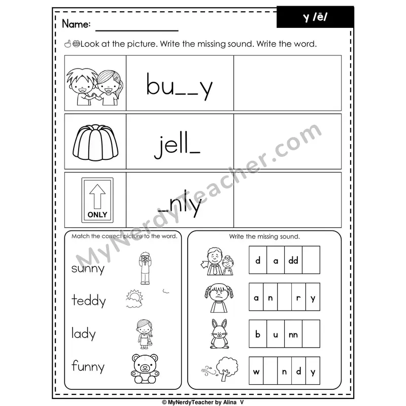 Y as Long E Writing Worksheet — Write the Missing Sound