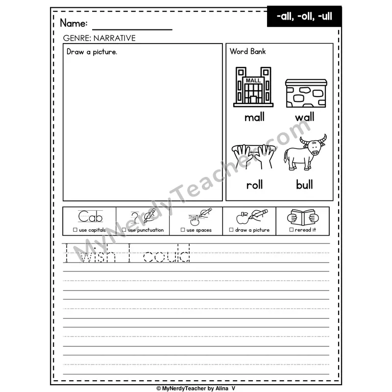 Glued Sounds -all, -oll, -ull Writing Worksheet — Narrative Writing Prompt