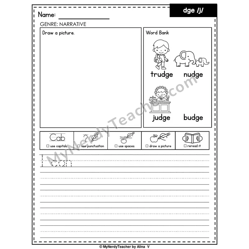 DGE Trigraph (/j/ Ending) Writing Worksheet — Narrative Writing Prompt