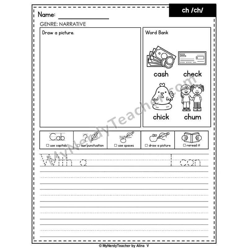 Digraph CH Writing Worksheet — Narrative Writing Prompt