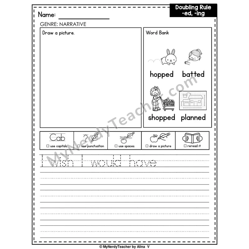 Doubling Rule (-ed, -ing) Writing Worksheet — Narrative Writing Prompt
