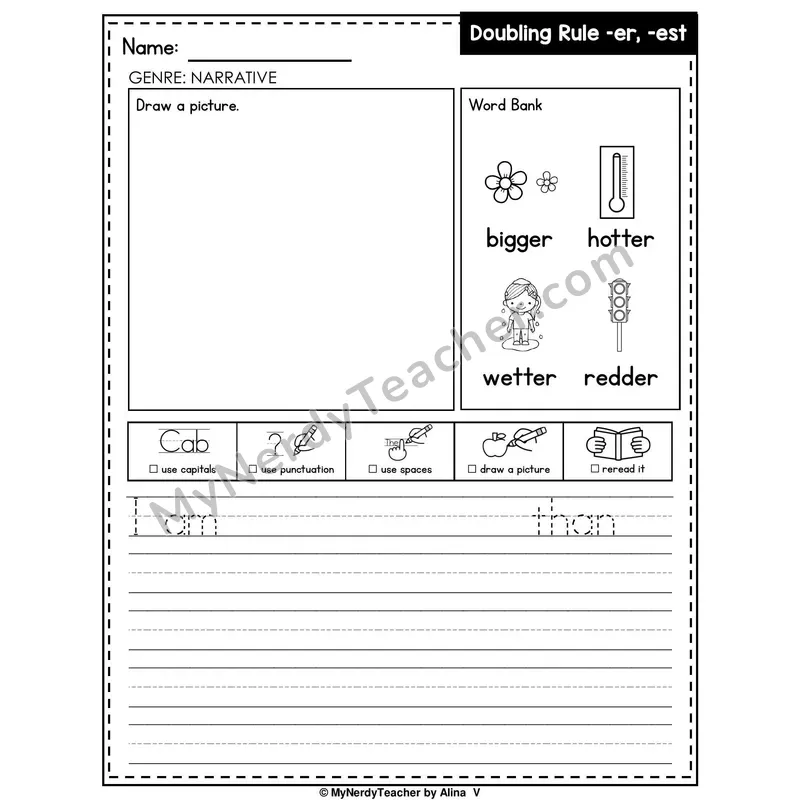 Doubling Rule (-er, -est) Writing Worksheet — Narrative Writing Prompt
