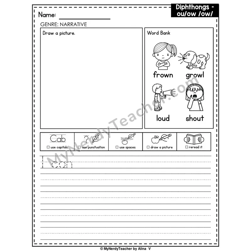 Diphthongs OU and OW Writing Worksheet — Narrative Writing Prompt