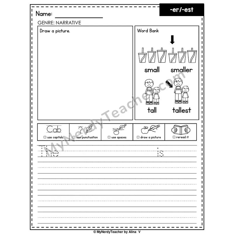 Suffixes -er and -est Writing Worksheet — Narrative Writing Prompt