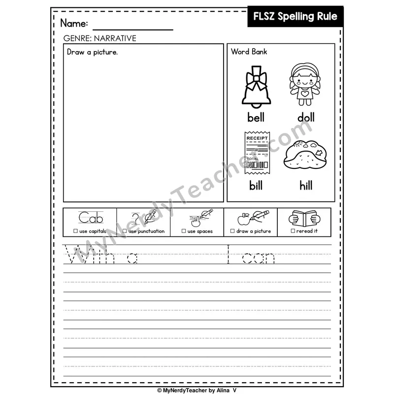 FLSZ Spelling Rule (Floss Rule) Writing Worksheet — Narrative Writing Prompt