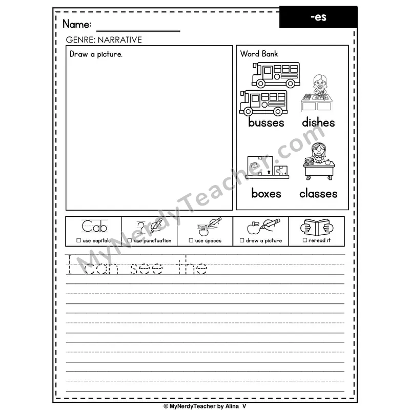 Suffix -es Writing Worksheet — Narrative Writing Prompt