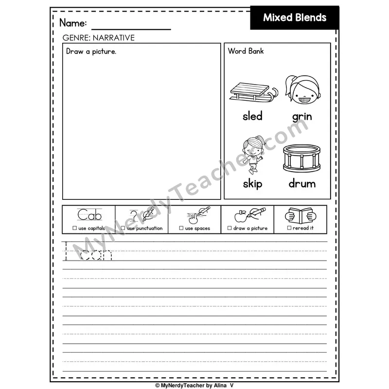 Mixed Beginning Blends Writing Worksheet — Narrative Writing Prompt