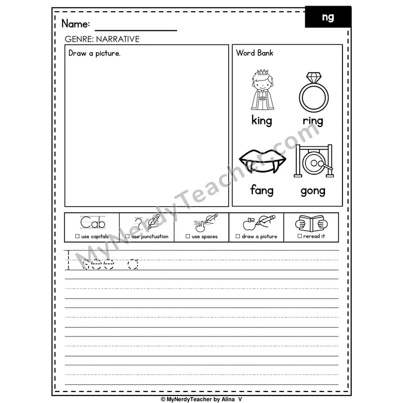 Digraph NG Writing Worksheet — Narrative Writing Prompt