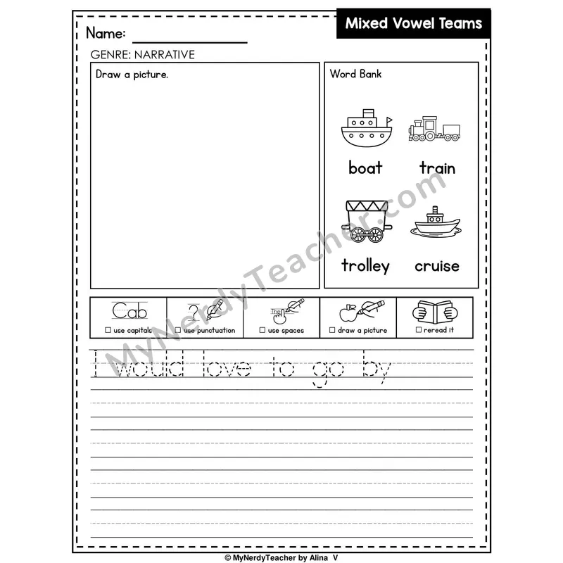 Mixed Vowel Teams Writing Worksheet — Narrative Writing Prompt