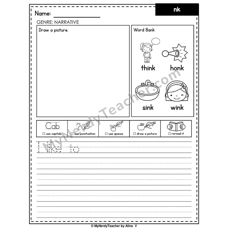 Digraph NK Writing Worksheet — Narrative Writing Prompt