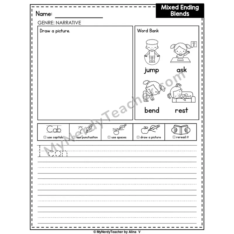 Mixed Ending Blends Writing Worksheet — Narrative Writing Prompt