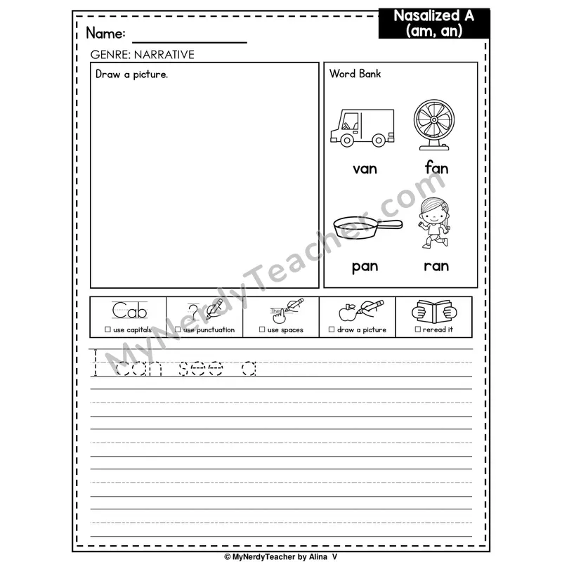 Nasalized A (am, an) Writing Worksheet — Narrative Writing Prompt