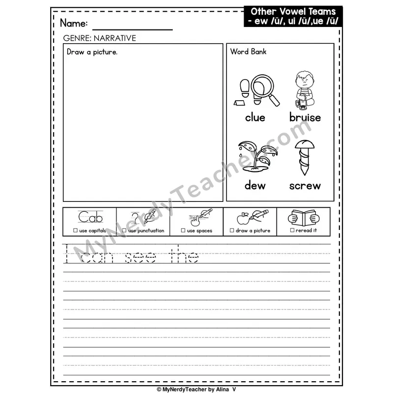 Vowel Teams EW, UI, UE Writing Worksheet — Narrative Writing Prompt
