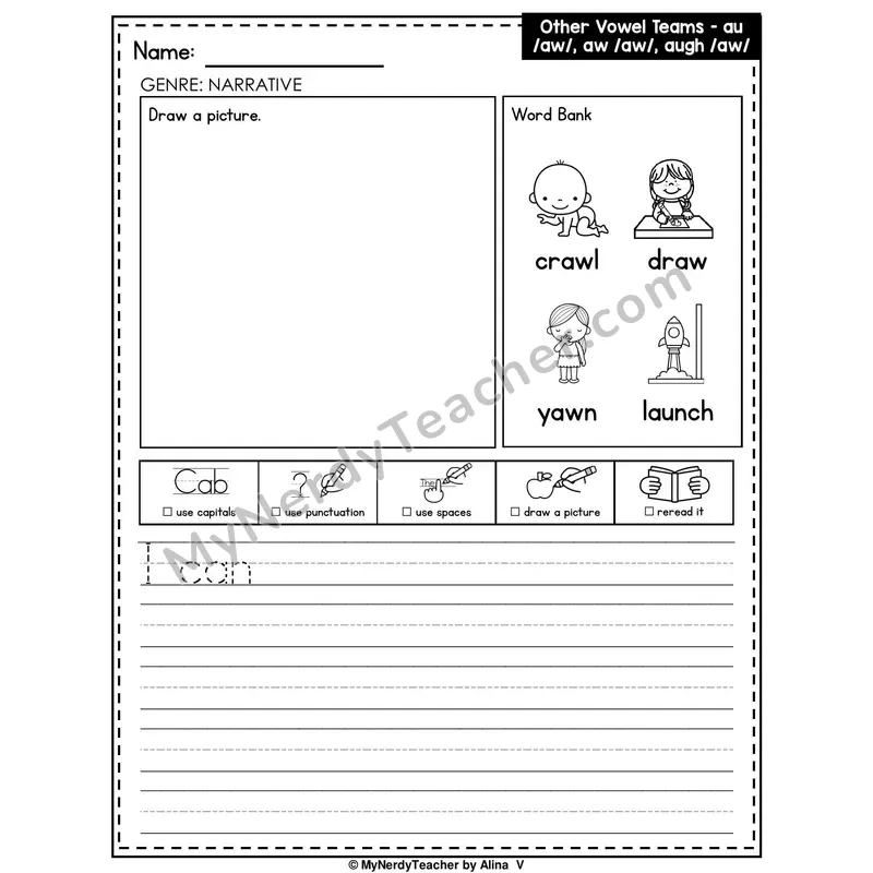 Vowel Teams AU, AW, AUGH Writing Worksheet — Narrative Writing Prompt