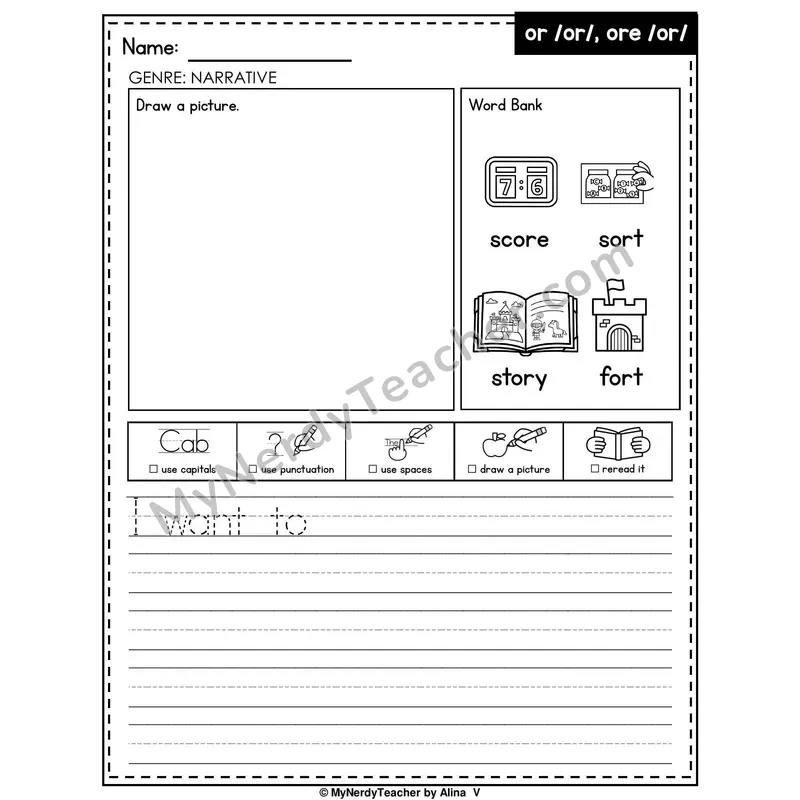 R-Controlled Vowel OR (or, ore) Writing Worksheet — Narrative Writing Prompt