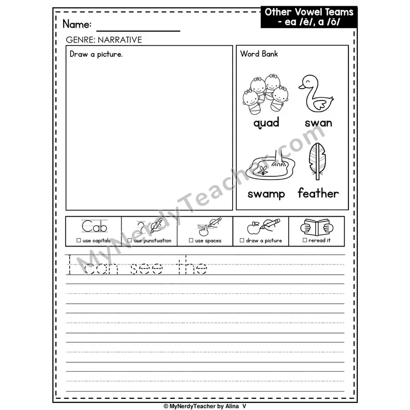 Vowel Team EA (Short E Sound) and A Writing Worksheet — Narrative Writing Prompt