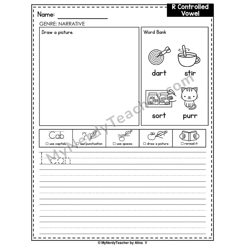 R-Controlled Vowels (Mixed Review) Writing Worksheet — Narrative Writing Prompt