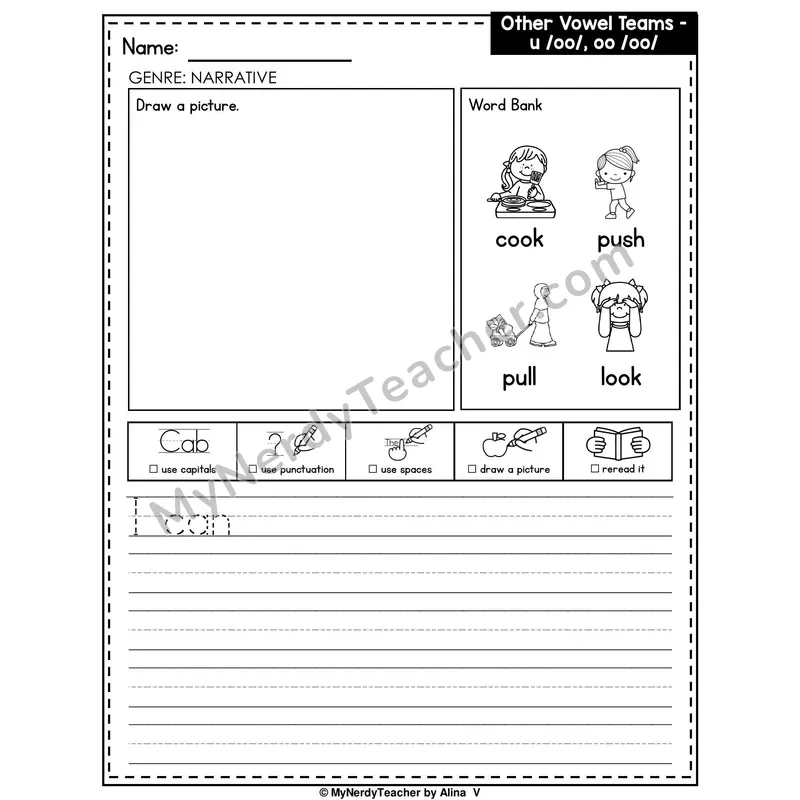 Vowel Team OO (Short Sound) Writing Worksheet — Narrative Writing Prompt