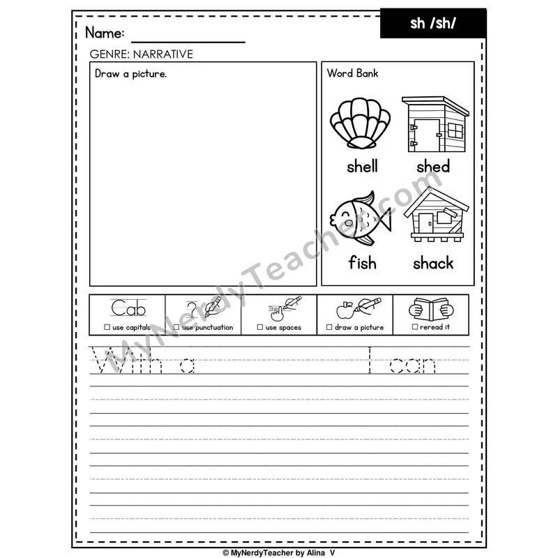 Digraph SH Writing Worksheet — Narrative Writing Prompt