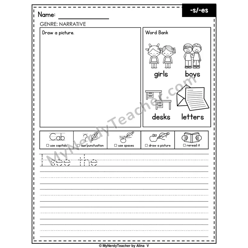 Suffixes -s and -es Writing Worksheet — Narrative Writing Prompt