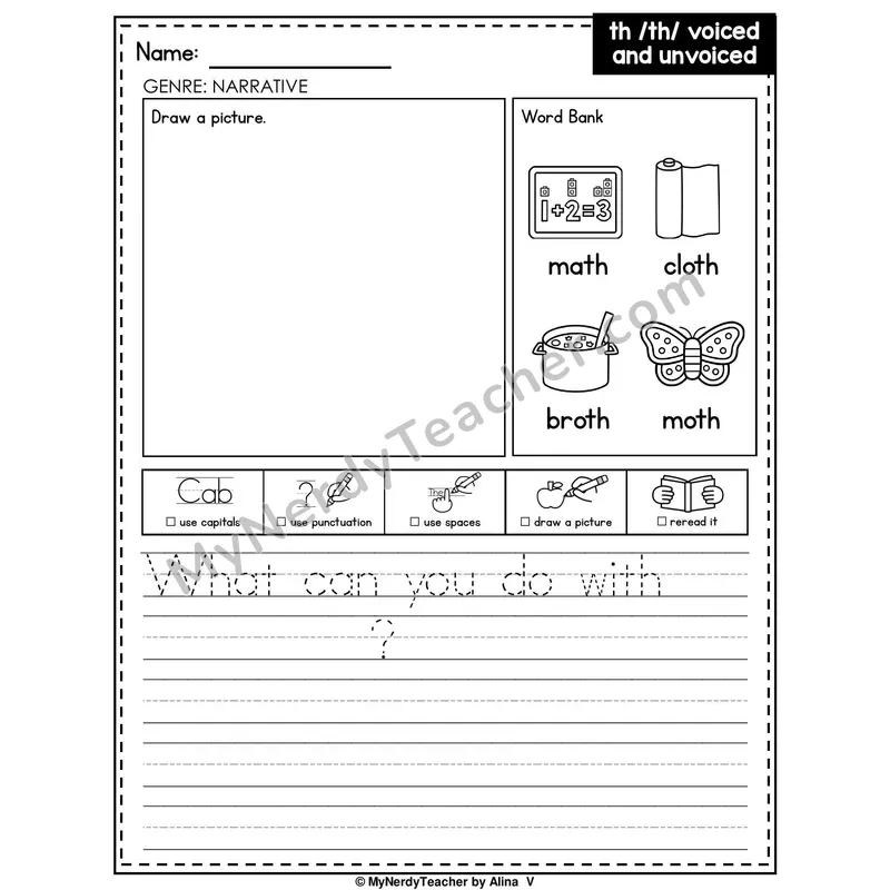 Digraph TH (Voiced and Unvoiced) Writing Worksheet — Narrative Writing Prompt