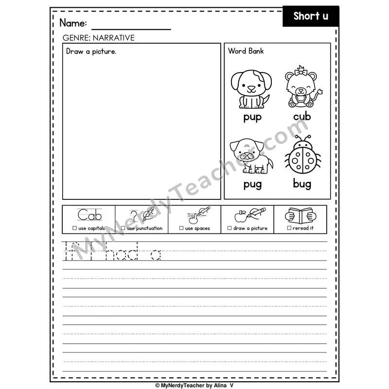 Short U Writing Worksheet — Narrative Writing Prompt