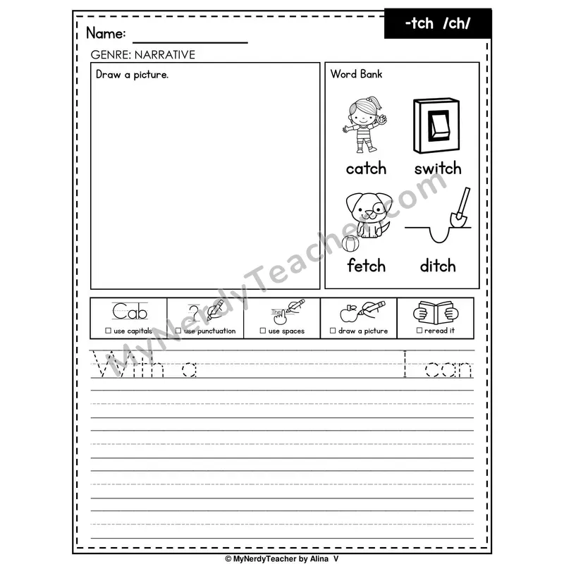 TCH Trigraph (/ch/ Ending) Writing Worksheet — Narrative Writing Prompt