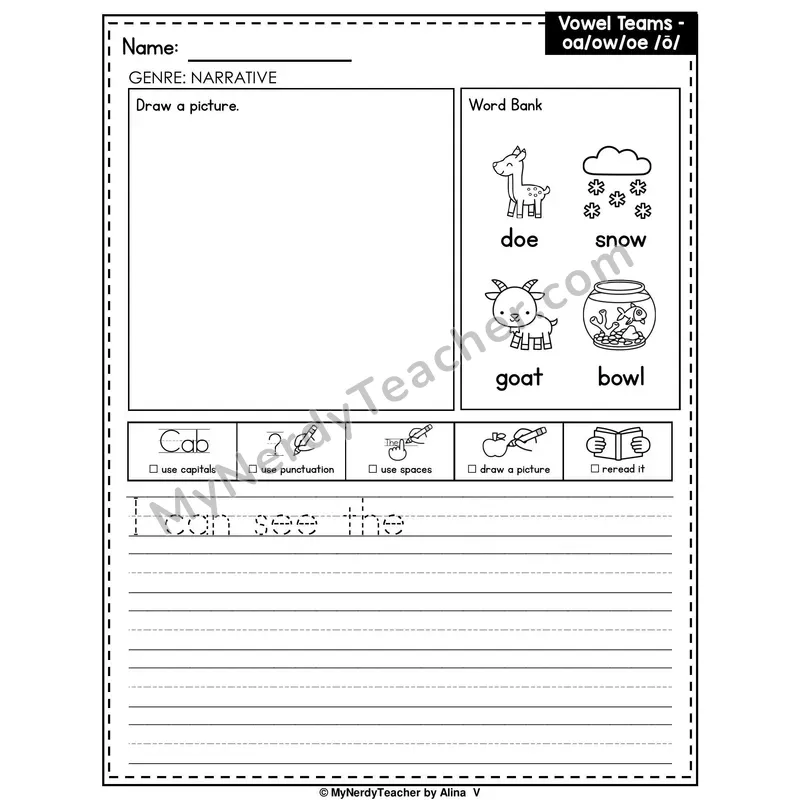 Vowel Teams OA, OW, OE Writing Worksheet — Narrative Writing Prompt
