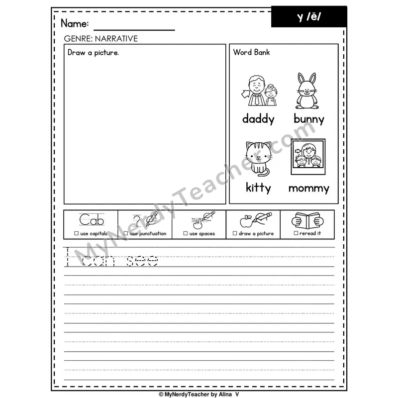 Y as Long E Writing Worksheet — Narrative Writing Prompt