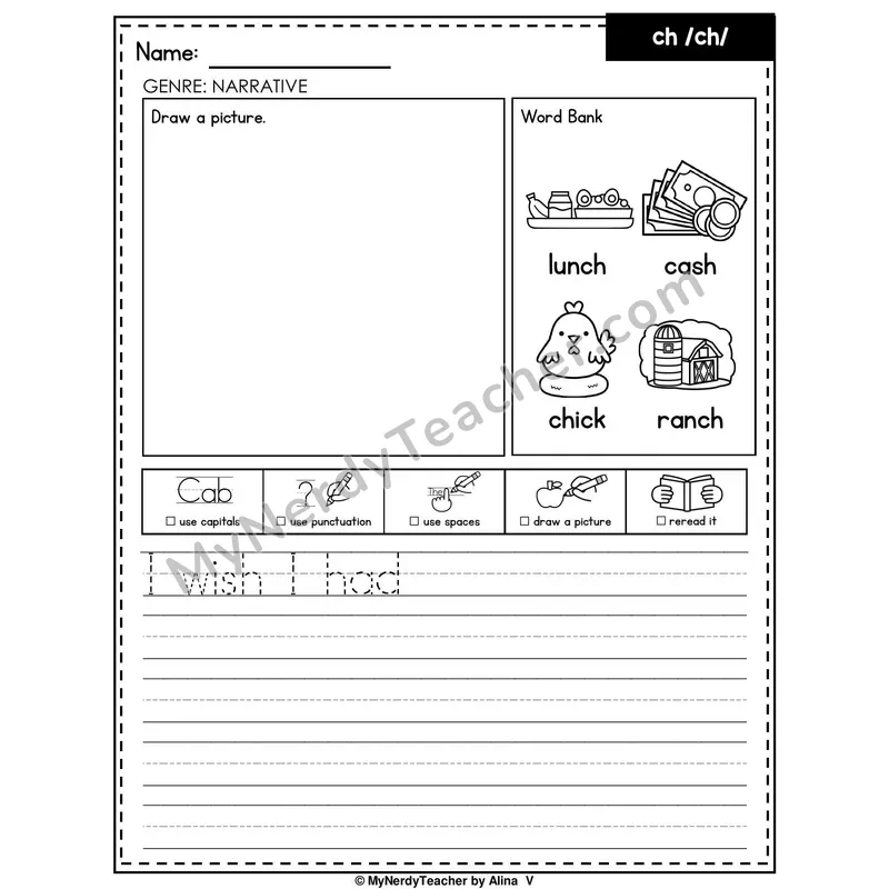 Digraph CH Writing Worksheet — Narrative Writing Prompt