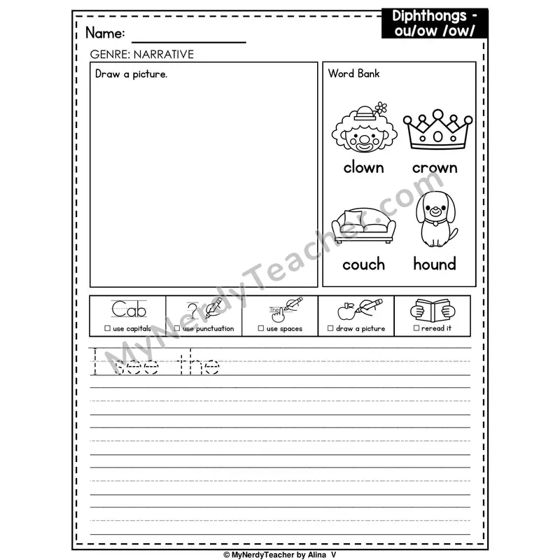 Diphthongs OU and OW Writing Worksheet — Narrative Writing Prompt