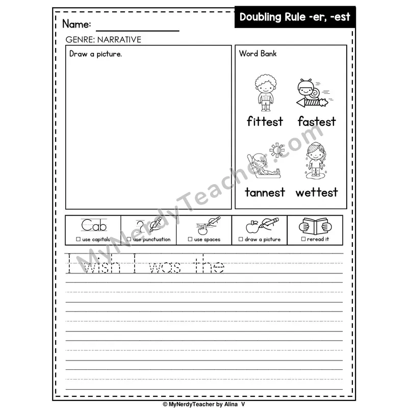 Doubling Rule (-er, -est) Writing Worksheet — Narrative Writing Prompt