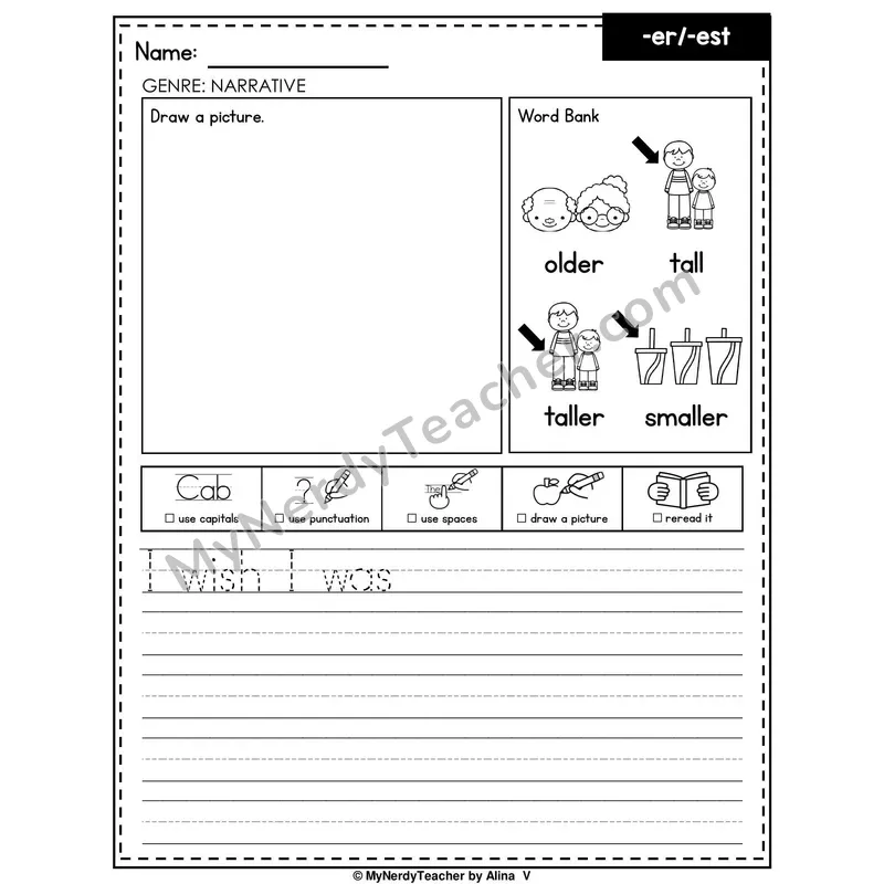 Suffixes -er and -est Writing Worksheet — Narrative Writing Prompt