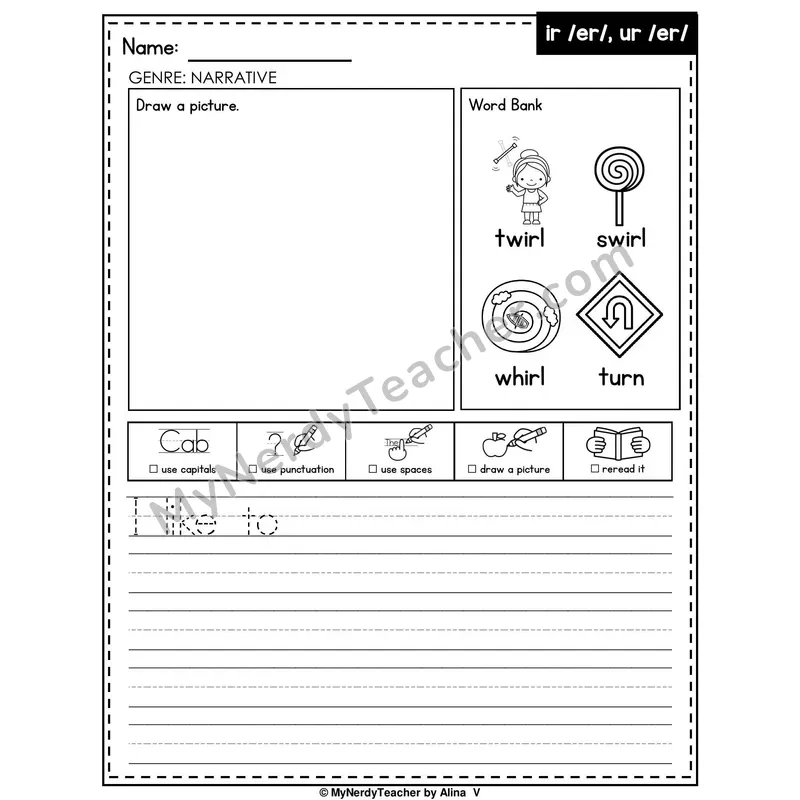 R-Controlled Vowels IR and UR Writing Worksheet — Narrative Writing Prompt