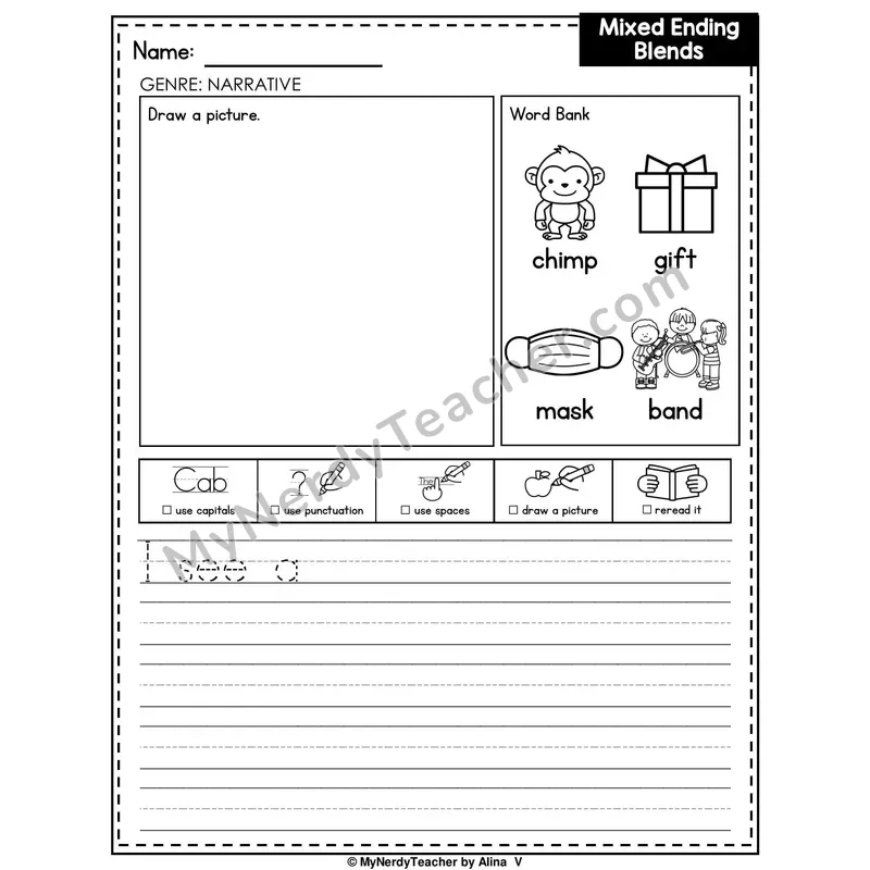 Mixed Ending Blends Writing Worksheet — Narrative Writing Prompt