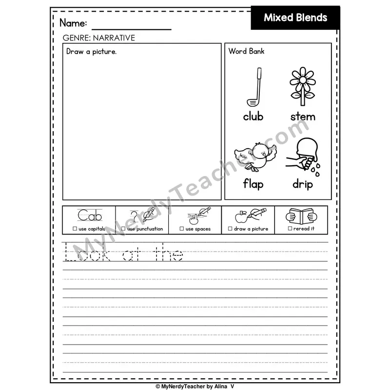 Mixed Beginning Blends Writing Worksheet — Narrative Writing Prompt