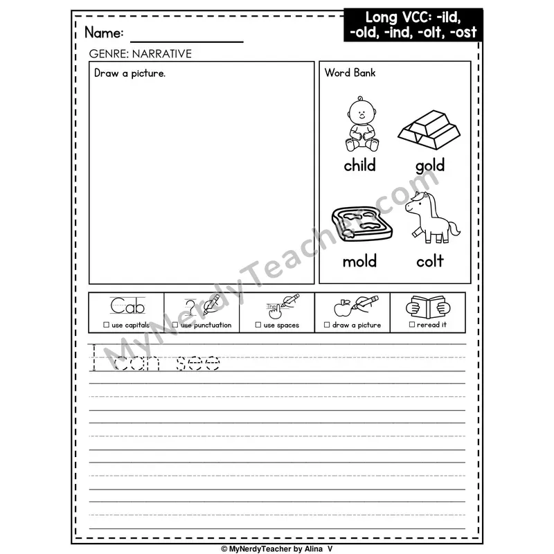 Long VCC Patterns (-ild, -old, -ind, -olt, -ost) Writing Worksheet — Narrative Writing Prompt