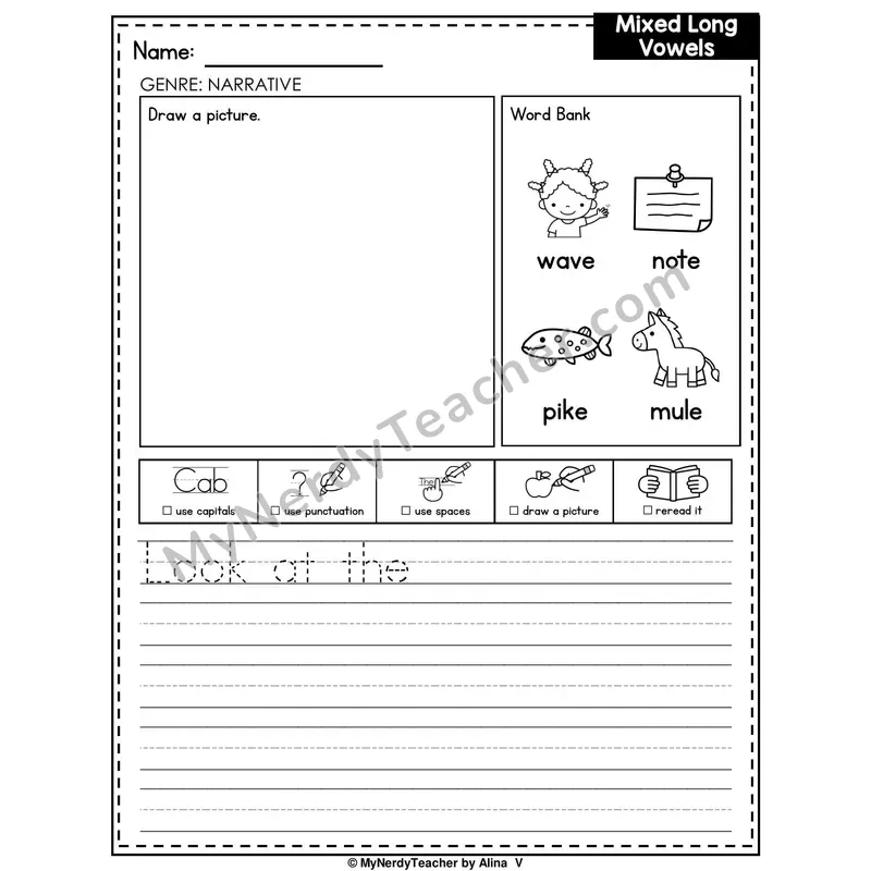 Long Vowels Review Writing Worksheet — Narrative Writing Prompt