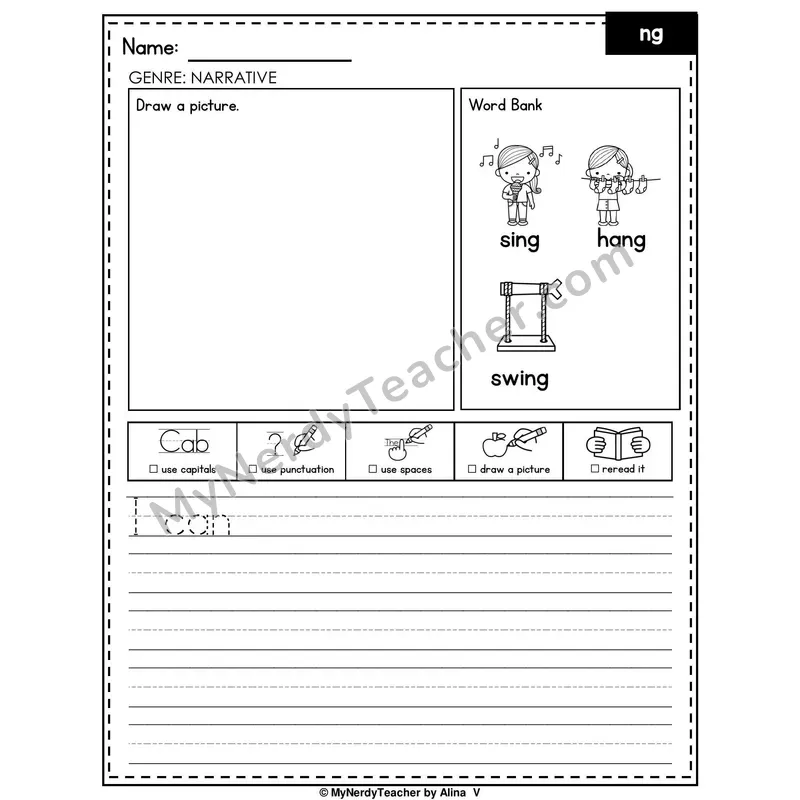 Digraph NG Writing Worksheet — Narrative Writing Prompt