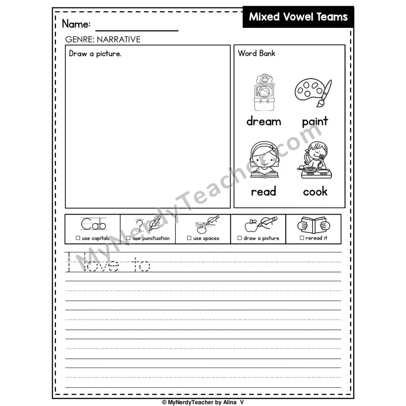 Mixed Vowel Teams Writing Worksheet — Narrative Writing Prompt