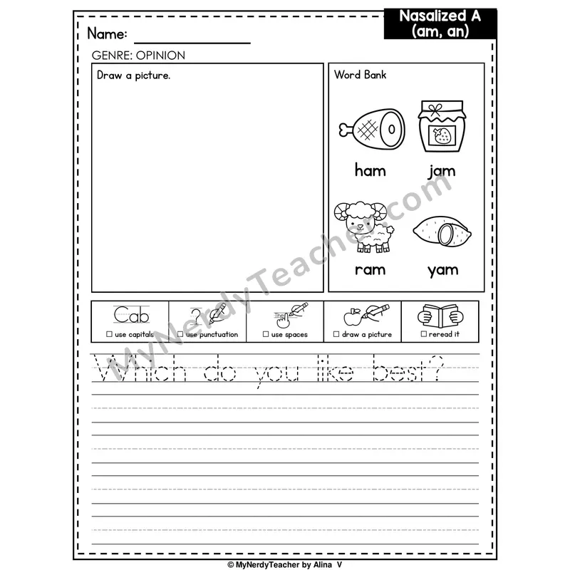 Nasalized A (am, an) Writing Worksheet — Narrative Writing Prompt