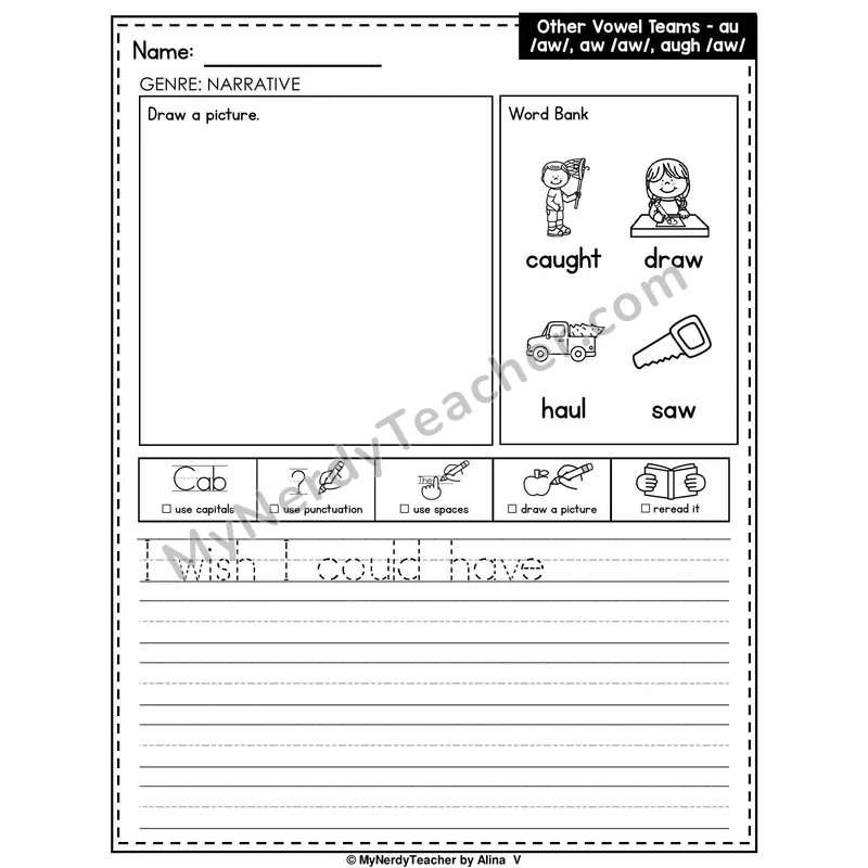 Vowel Teams AU, AW, AUGH Writing Worksheet — Narrative Writing Prompt