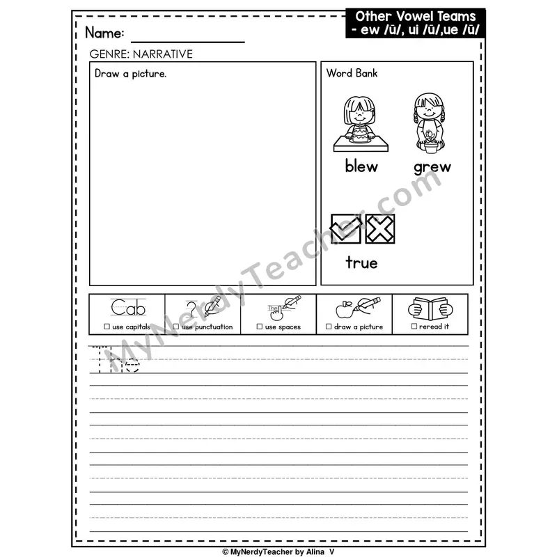 Vowel Teams EW, UI, UE Writing Worksheet — Narrative Writing Prompt