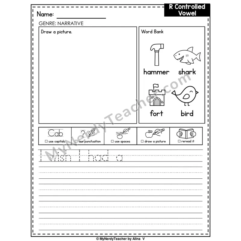 R-Controlled Vowels (Mixed Review) Writing Worksheet — Narrative Writing Prompt