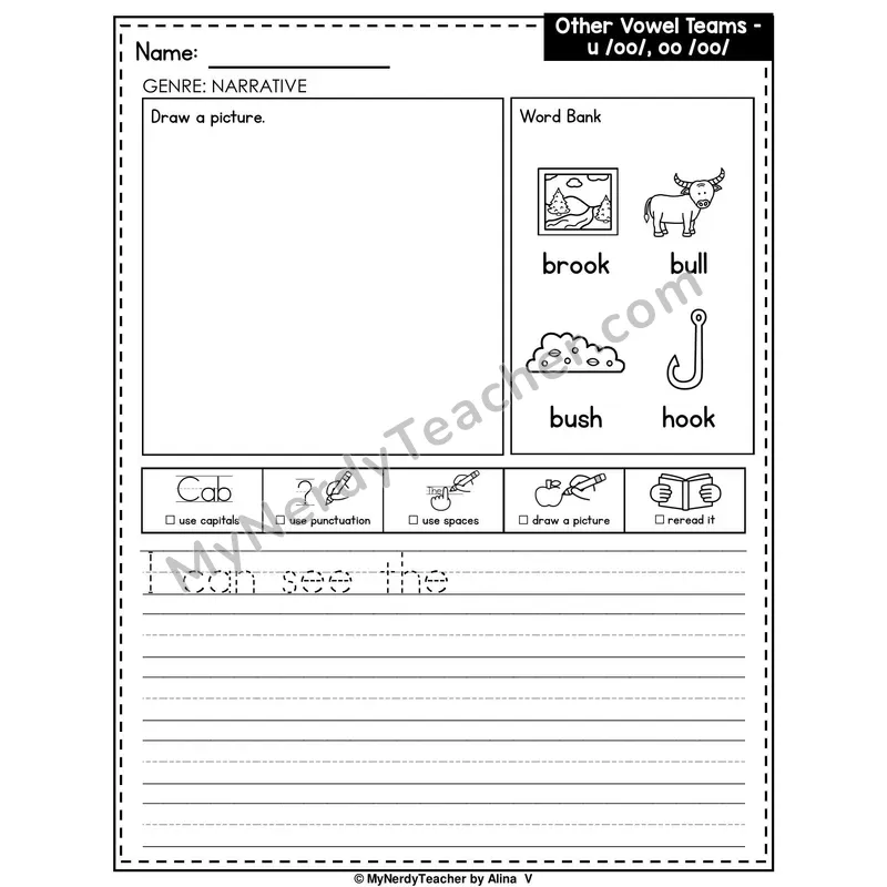Vowel Team OO (Short Sound) Writing Worksheet — Narrative Writing Prompt