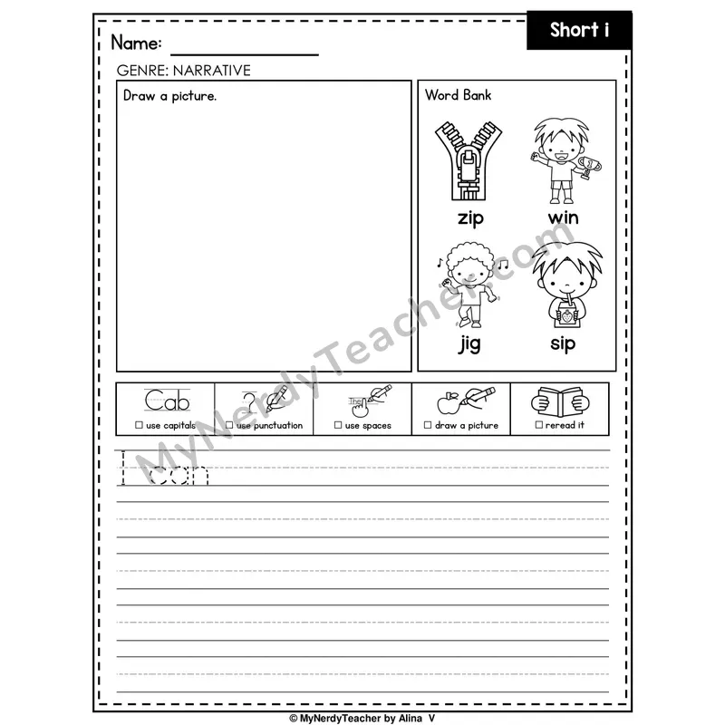 Short I Writing Worksheet — Narrative Writing Prompt