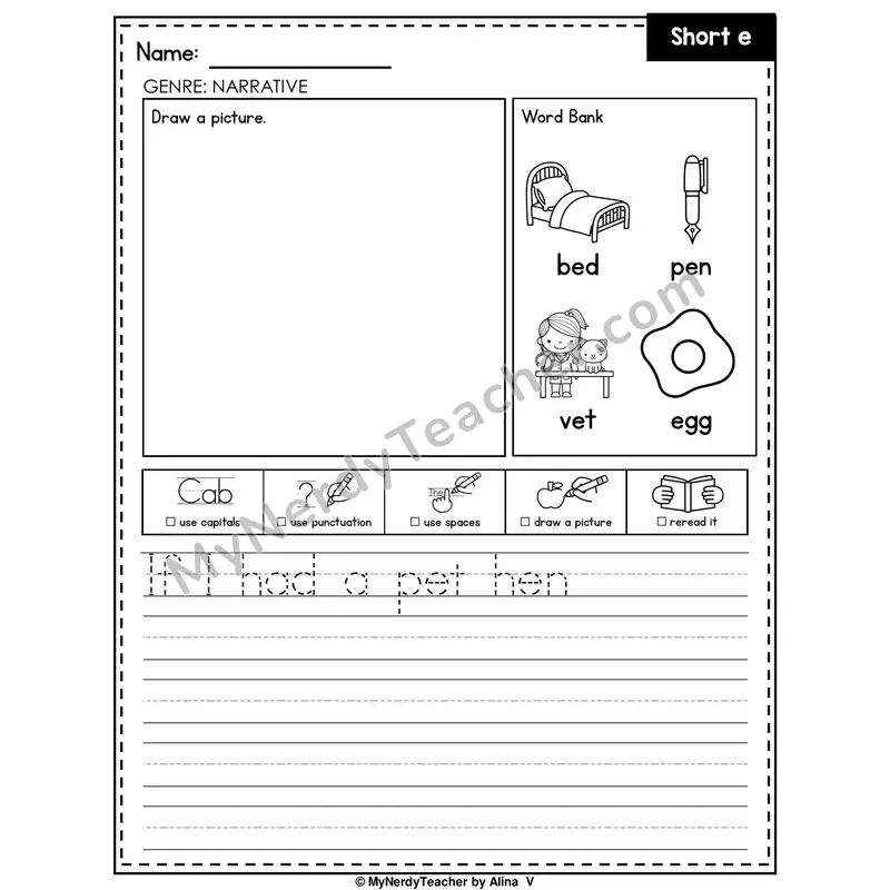 Short E Writing Worksheet — Narrative Writing Prompt