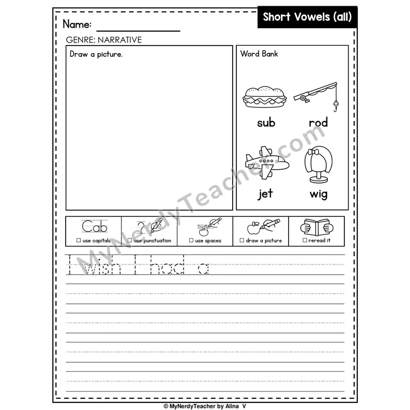Short Vowels (Mixed Review) Writing Worksheet — Narrative Writing Prompt